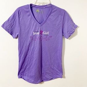 Leslie Jordan Iron Girl Short Sleeve V-neck Graphic Tee Shirt Lavender